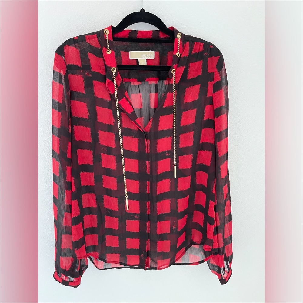 MICHAEL KORS Red & Black Plaid Blouse with Gold Hardware